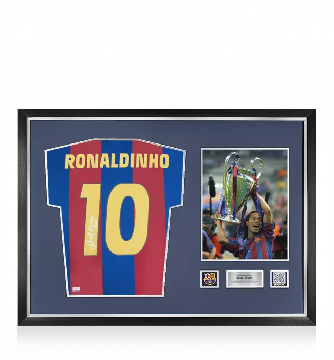 Ronaldinho Official FC Barcelona Back Signed and Framed Retro Home Shirt With Fan Style Numbers: Signed In Silver