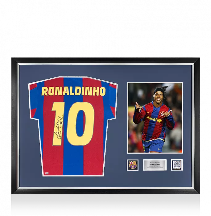 Ronaldinho Official FC Barcelona Back Signed and Framed Retro Home Shirt With Fan Style Numbers