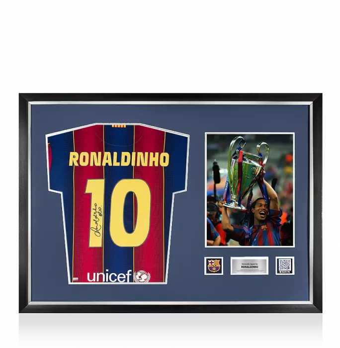 Ronaldinho Official FC Barcelona Back Signed And Framed Modern Home Shirt With Fan Style Numbers