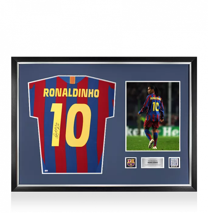 Ronaldinho Official FC Barcelona Back Signed and Framed 2005-06 Home Shirt with Fan Style Numbers