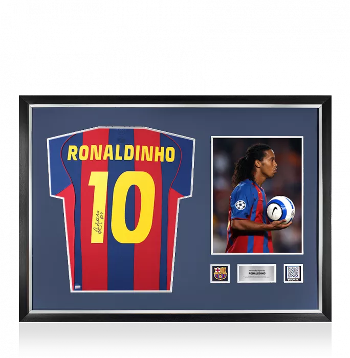 Ronaldinho Official FC Barcelona Back Signed and Framed 2004-05 Home Shirt