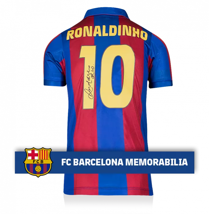 Ronaldinho Official FC Barcelona Back Signed Retro Home Shirt With Fan Style Numbers