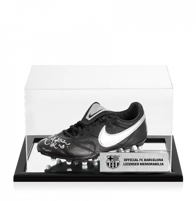 Ronaldinho Official FC Barcelona Signed Black And Silver Nike Boot In Acrylic Case