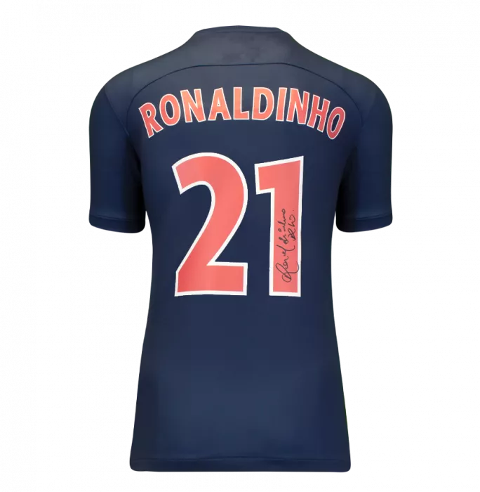 Ronaldinho Official Paris Saint-Germain Back Signed And Framed Modern Home Shirt With Fan Style Numbers: Number 21 Edition