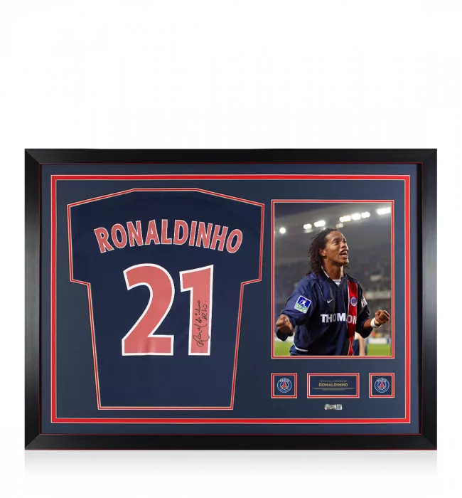 Ronaldinho Official Paris Saint-Germain Back Signed And Framed Modern Home Shirt With Fan Style Numbers: Number 21 Edition