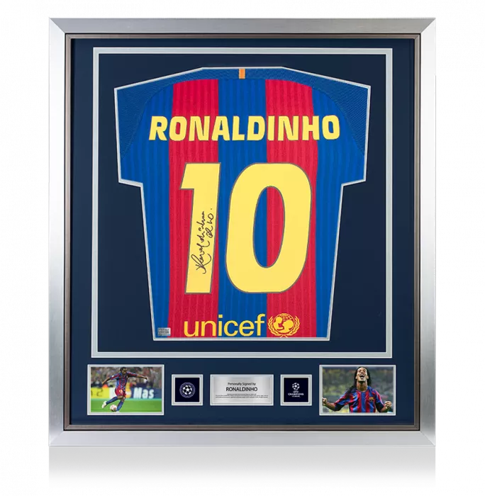 Ronaldinho Official UEFA Champions League Back Signed and Framed FC Barcelona 2016-17 Home Shirt with Fan Style Numbers