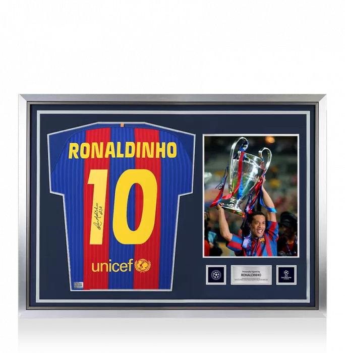 Ronaldinho Official UEFA Champions League Back Signed And Hero Framed FC Barcelona 2016-17 Home Shirt
