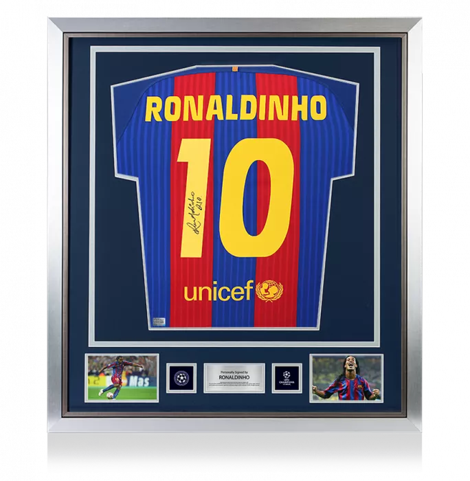 Ronaldinho Official UEFA Champions League Back Signed and Framed FC Barcelona 2016-17 Home Shirt