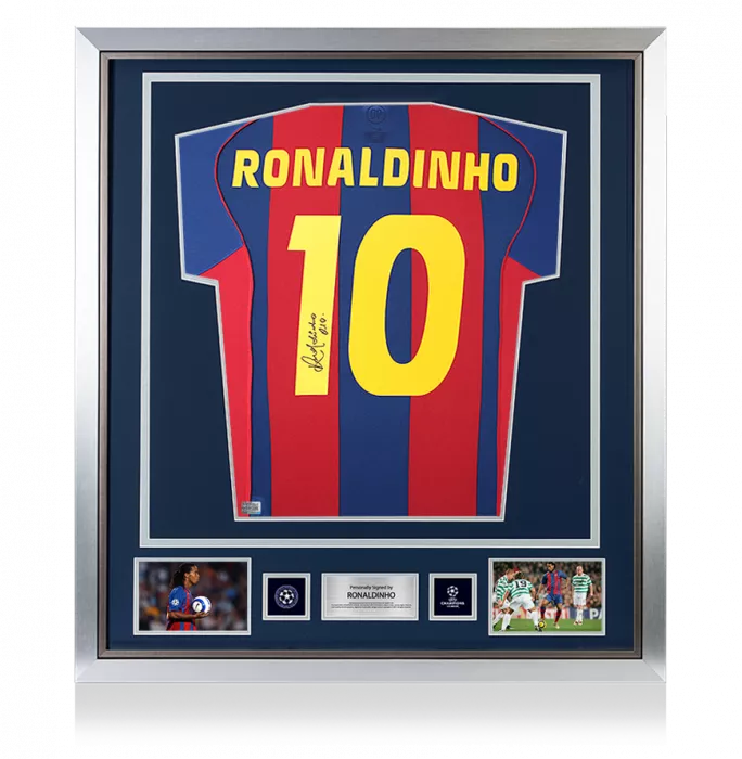 Ronaldinho Official UEFA Champions League Back Signed and Framed FC Barcelona 2004-05 Home Shirt