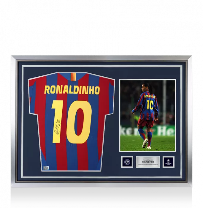 Ronaldinho Official UEFA Champions League Back Signed and Hero Framed FC Barcelona 2005-06 Home Shirt with Fan Style Numbers