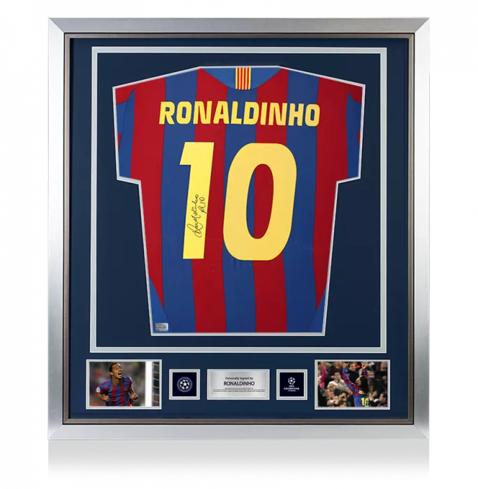 Ronaldinho Official UEFA Champions League Back Signed and Framed FC Barcelona 2005-06 Home Shirt with Fan Style Numbers