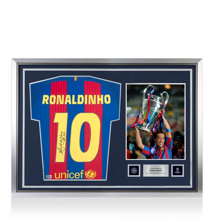 Ronaldinho Official UEFA Champions League Back Signed and Hero Framed FC Barcelona 2016-17 Home Shirt with Fan Style Numbers