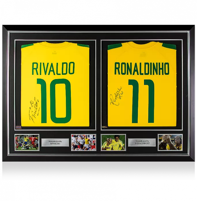 Ronaldinho & Rivaldo Back Signed Brazil 2002 Home Shirt Master Frame