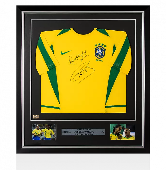 Ronaldinho & Roberto Carlos Front Signed and Framed Brazil 2002 Home Shirt