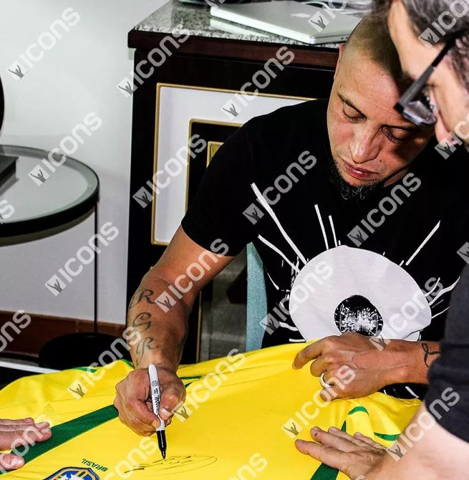 Ronaldinho & Roberto Carlos Front Signed Brazil 2002 Home Shirt