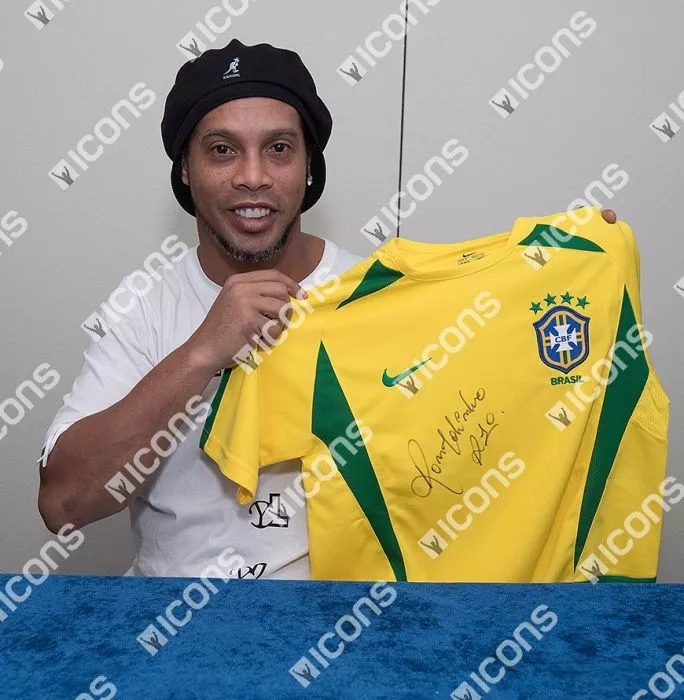 Ronaldinho & Roberto Carlos Front Signed Brazil 2002 Home Shirt