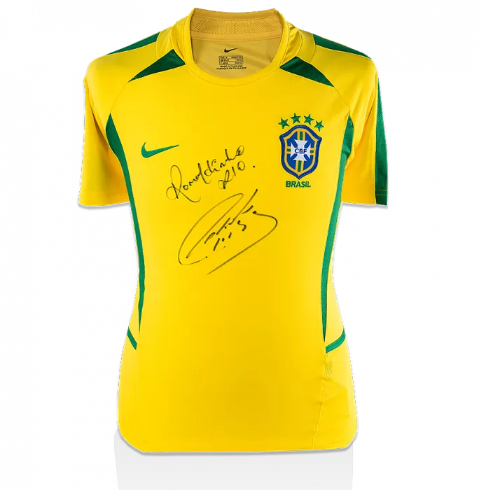 Ronaldinho & Roberto Carlos Front Signed Brazil 2002 Home Shirt