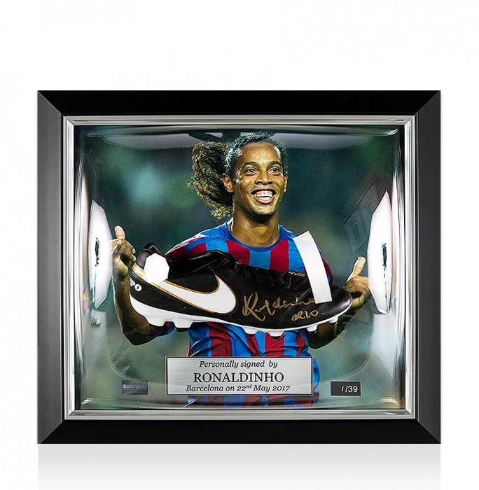 Ronaldinho Signed and Barcelona Framed Black Nike Tiempo Boot