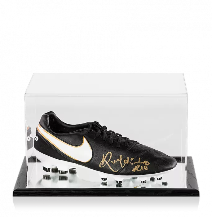 Ronaldinho Signed Black Nike Tiempo Boot In Acrylic Case