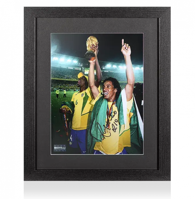 Ronaldinho Signed Brazil Photo In Black Wooden Frame: 2002 FIFA World Cup Winner