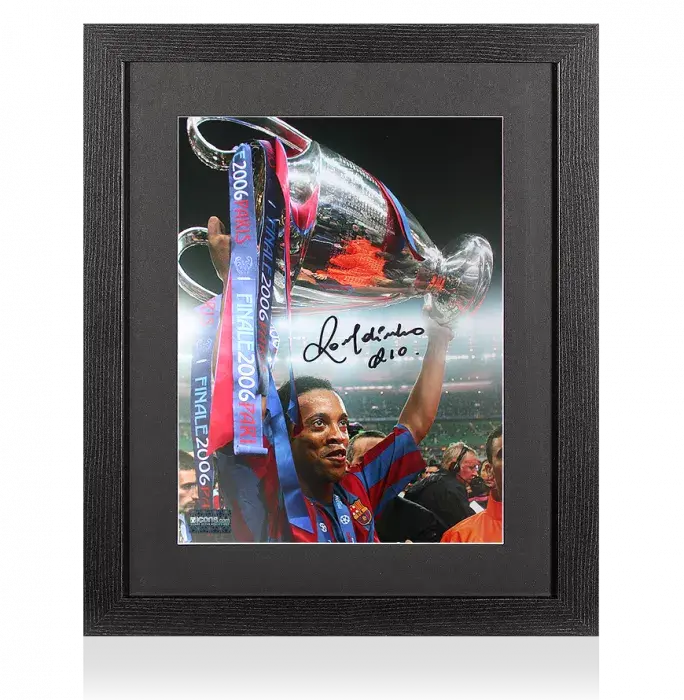 Ronaldinho Signed FC Barcelona Photo In Black Wooden Frame: 2006 UEFA Champions League Winner