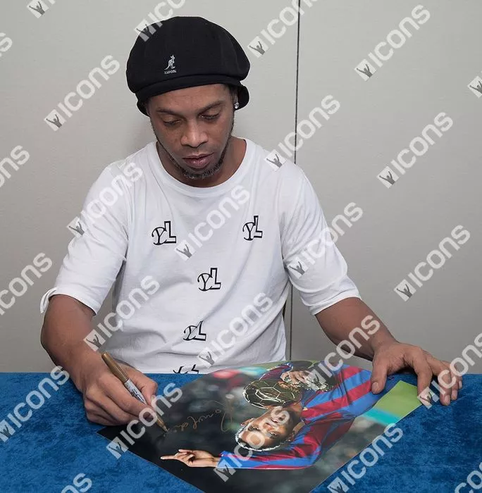 Ronaldinho Signed FC Barcelona Photo In Black Wooden Frame: 2005 Ballon D'Or Winner