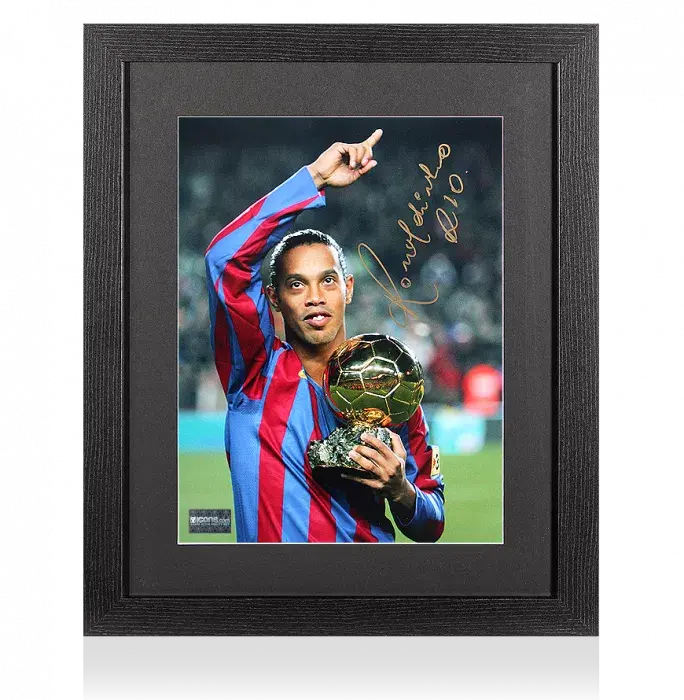 Ronaldinho Signed FC Barcelona Photo In Black Wooden Frame: 2005 Ballon d'Or Winner