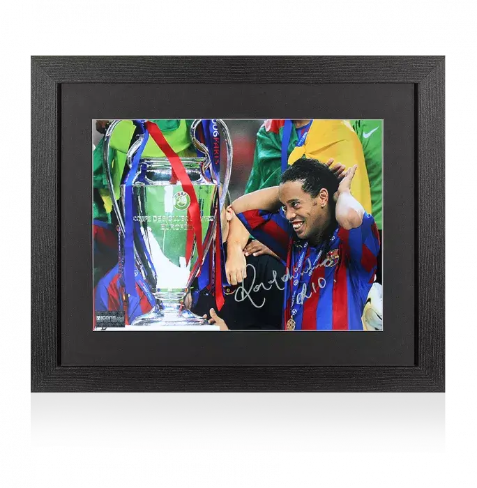 Ronaldinho Signed FC Barcelona Photo In Black Wooden Frame: 2006 UEFA Champions League Winner