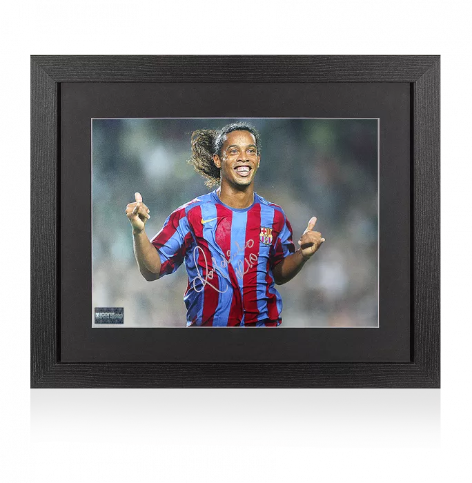Ronaldinho Silver Signed FC Barcelona Photo In Black Wooden Frame: Barca's Brilliant Brazilian