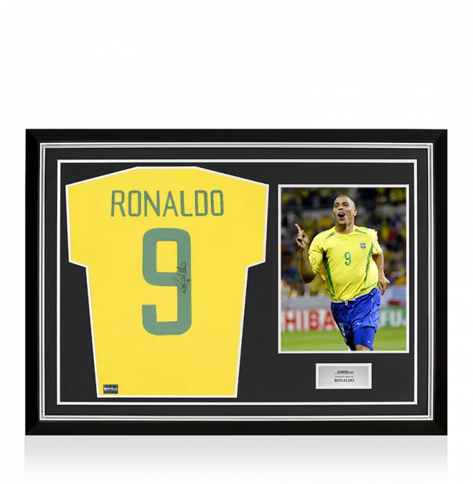 Ronaldo Back Signed Brazil 1970 Home Shirt with Fan Style Numbers In Hero Frame: Option 1