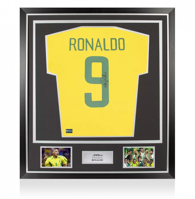 Ronaldo Back Signed Brazil 1970 Home Shirt with Fan Style Numbers In Classic Frame