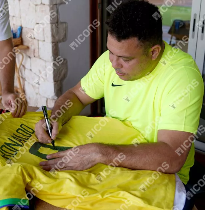 Ronaldo Back Signed Modern Brazil Home Shirt With Fan Style Numbers In Hero Frame: Option 1