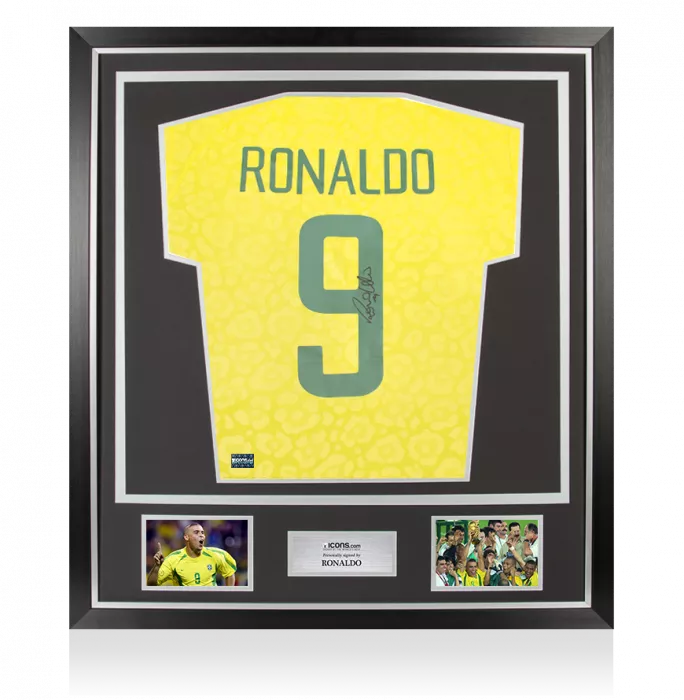 Ronaldo Back Signed Modern Brazil Home Shirt with Fan Style Numbers In Classic Frame