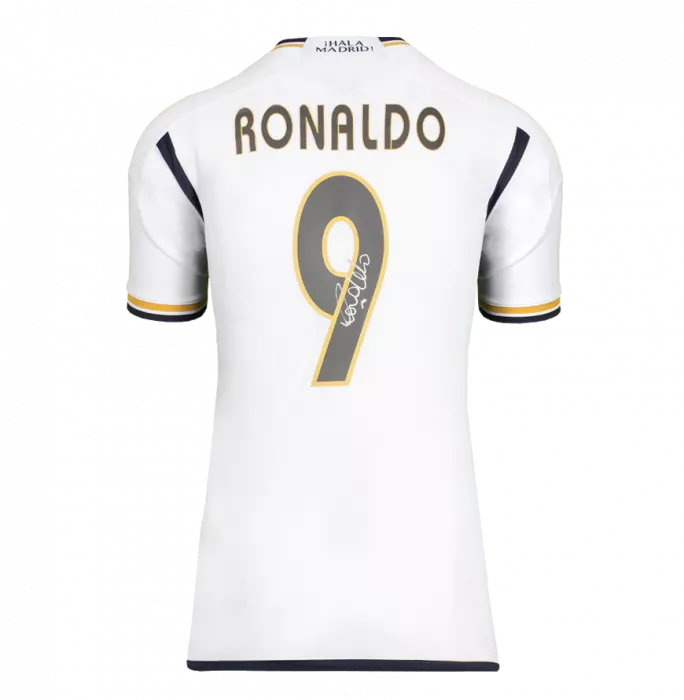 Ronaldo Back Signed Modern Real Madrid CF Home Shirt With Fan Style Numbers In Hero Frame: Option 1