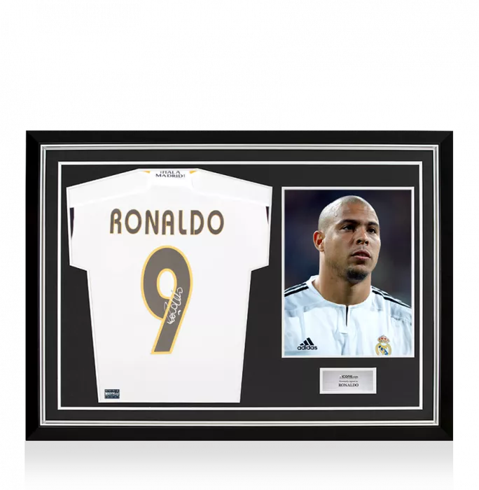 Ronaldo Back Signed Modern Real Madrid CF Home Shirt with Fan Style Numbers In Hero Frame: Option 1