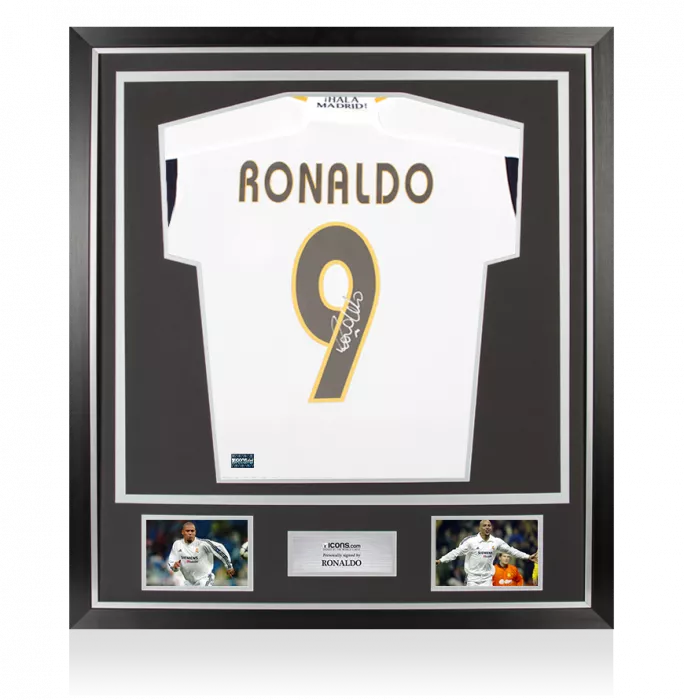 Ronaldo Back Signed Modern Real Madrid CF Home Shirt with Fan Style Numbers In Classic Frame