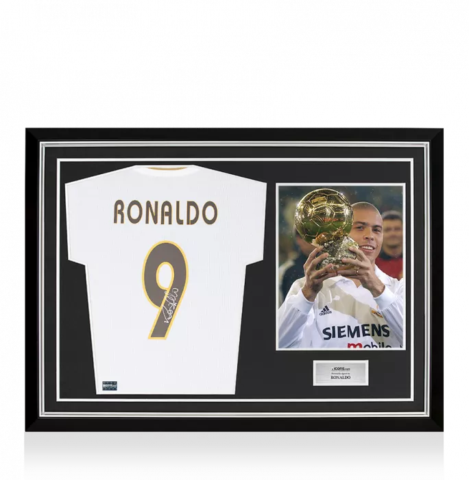 Ronaldo Back Signed Modern Real Madrid Home Shirt With Fan Style Numbers In Hero Frame: Option 1