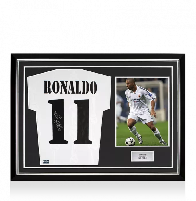 Ronaldo Back Signed Modern Real Madrid Home Shirt With Fan Style Numbers In Hero Frame: Option 1
