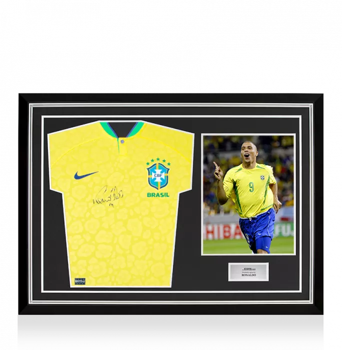 Ronaldo Front Signed Modern Brazil Home Shirt In Hero Frame: Option 1