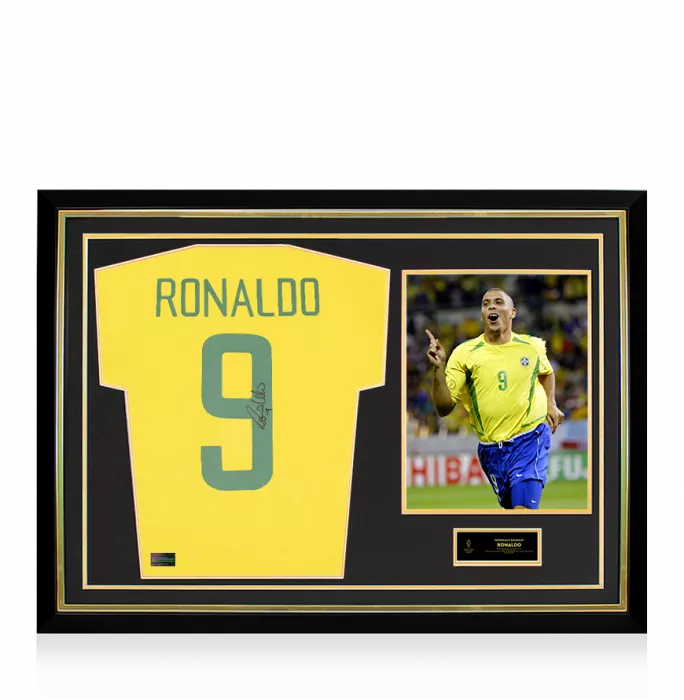 Ronaldo Official Ballon d'Or™ Back Signed and Hero Framed Brazil 1970 Home Shirt with Fan Style Numbers