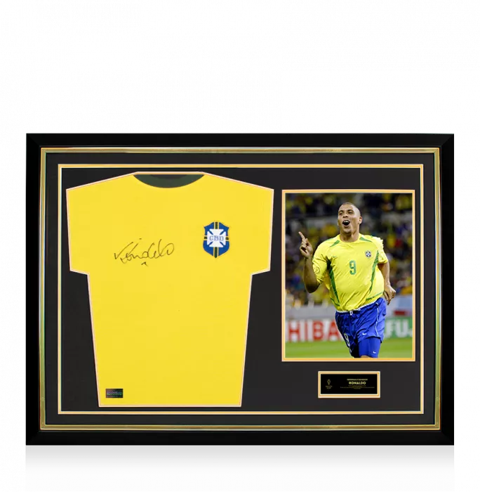 Ronaldo Official Ballon d'Or™ Front Signed and Hero Framed Brazil 1970 Home Shirt