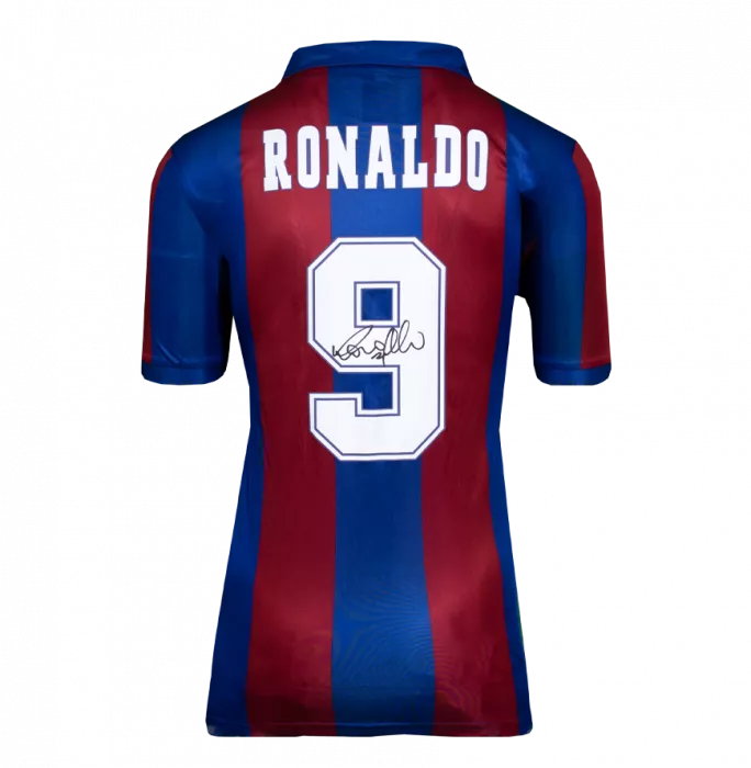Ronaldo Official FC Barcelona Back Signed And Framed Retro Home Shirt