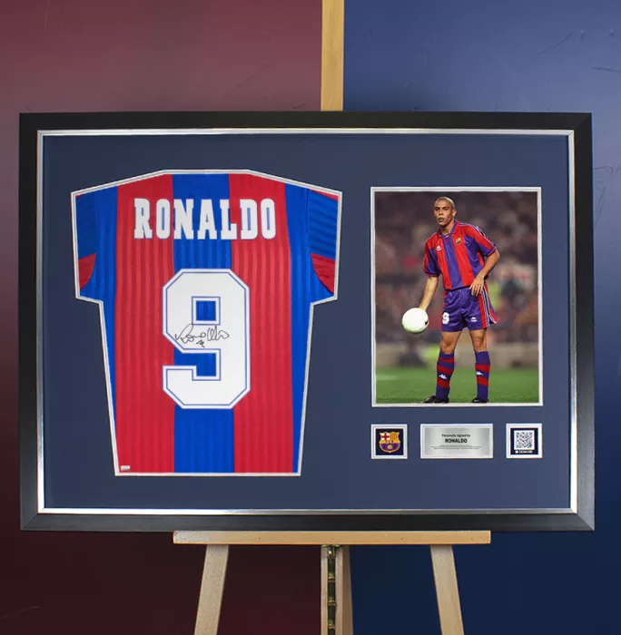Ronaldo Official FC Barcelona Back Signed And Framed Retro Shirt With Fan Style Numbers
