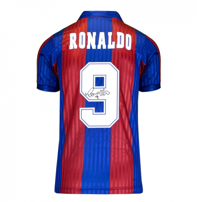 Ronaldo Official FC Barcelona Back Signed And Framed Retro Shirt With Fan Style Numbers
