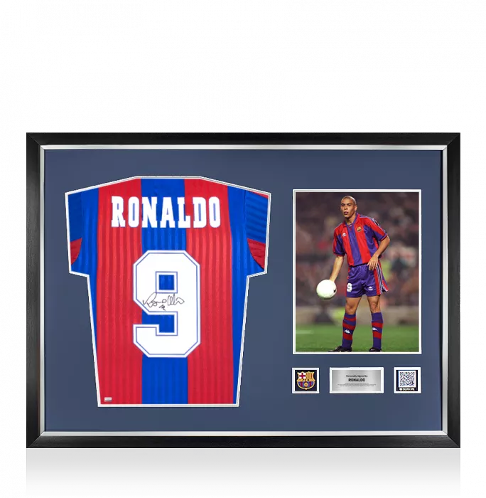 Ronaldo Official FC Barcelona Back Signed and Framed Retro Shirt with Fan Style Numbers