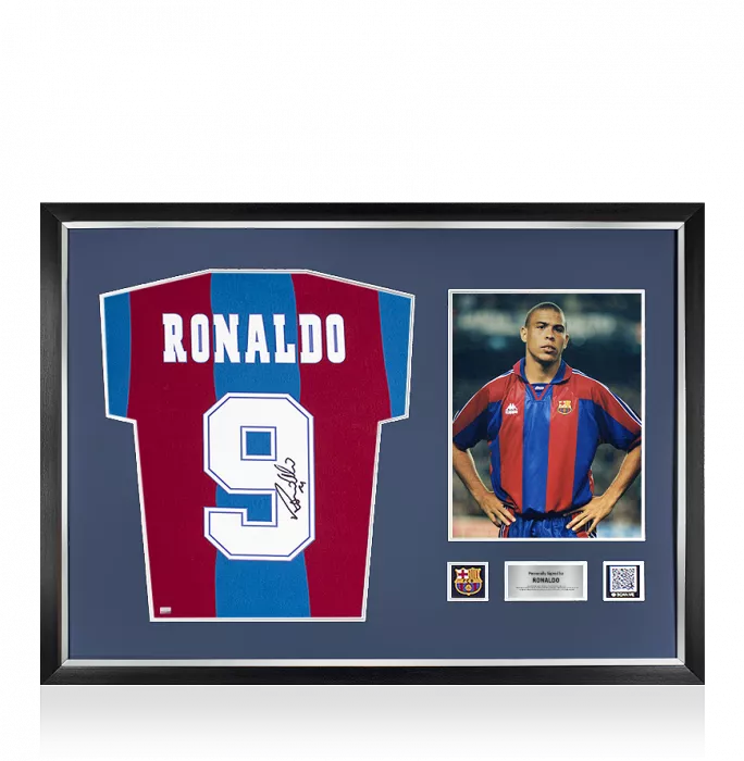 Ronaldo Official FC Barcelona Back Signed and Framed Retro Home Shirt With Fan Style Numbers