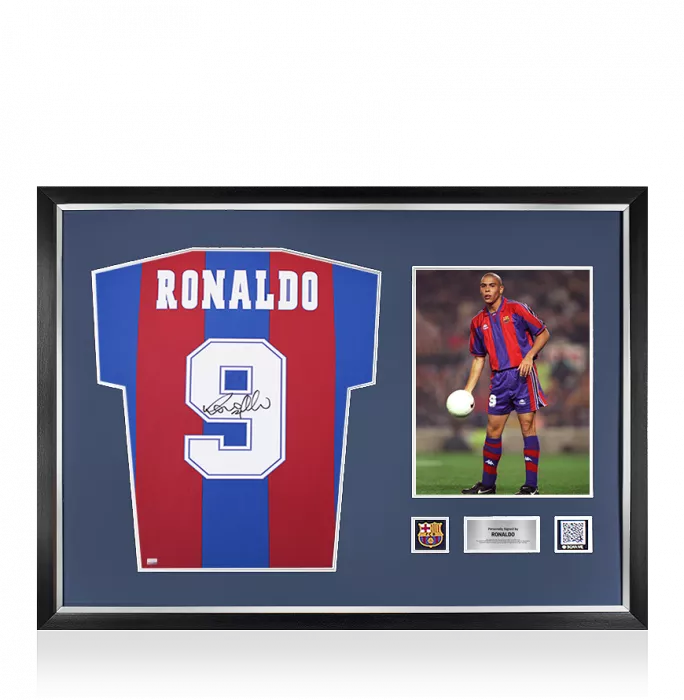Ronaldo Official FC Barcelona Back Signed and Framed Retro Home Shirt