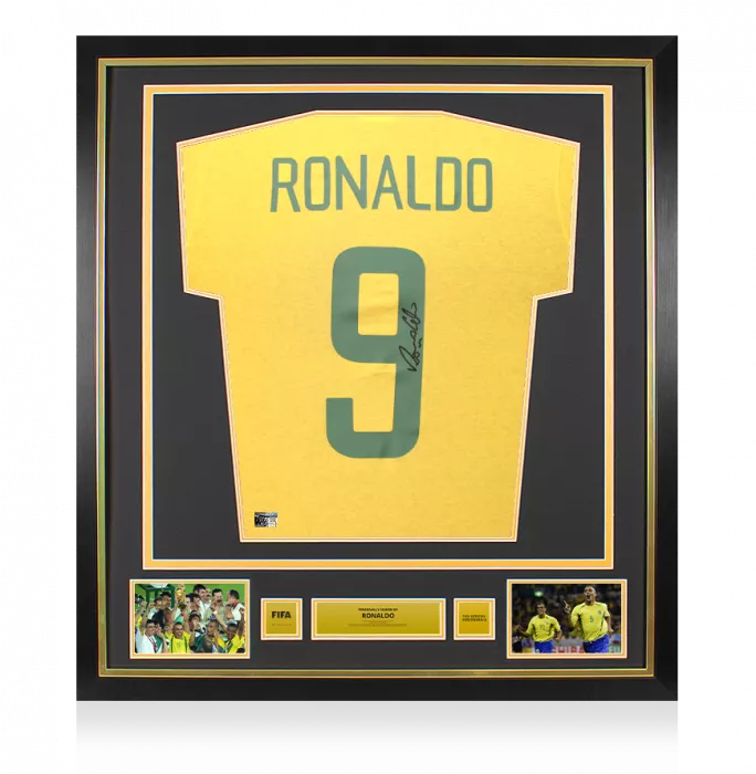 Ronaldo Official FIFA World Cup™ Back Signed and Framed Brazil Home T-Shirt with Fan Style Numbers