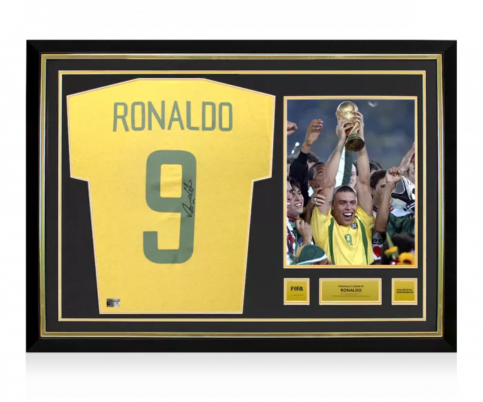 Ronaldo Official FIFA World Cup™ Back Signed and Hero Framed Brazil Home T-Shirt with Fan Style Numbers