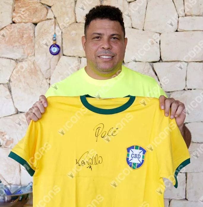 Ronaldo & Pele Official FIFA World Cup™ Front Signed And Framed Retro Brazil Home Shirt